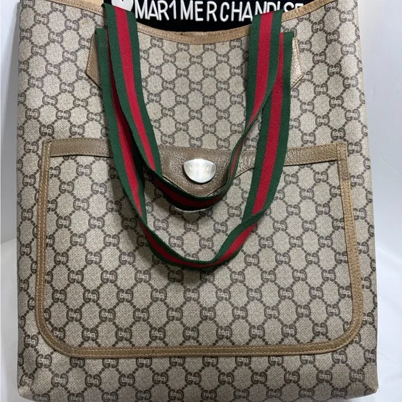 Gucci Beige GG Canvas Tote with Green and Red Web Straps - Picture 2 of 16